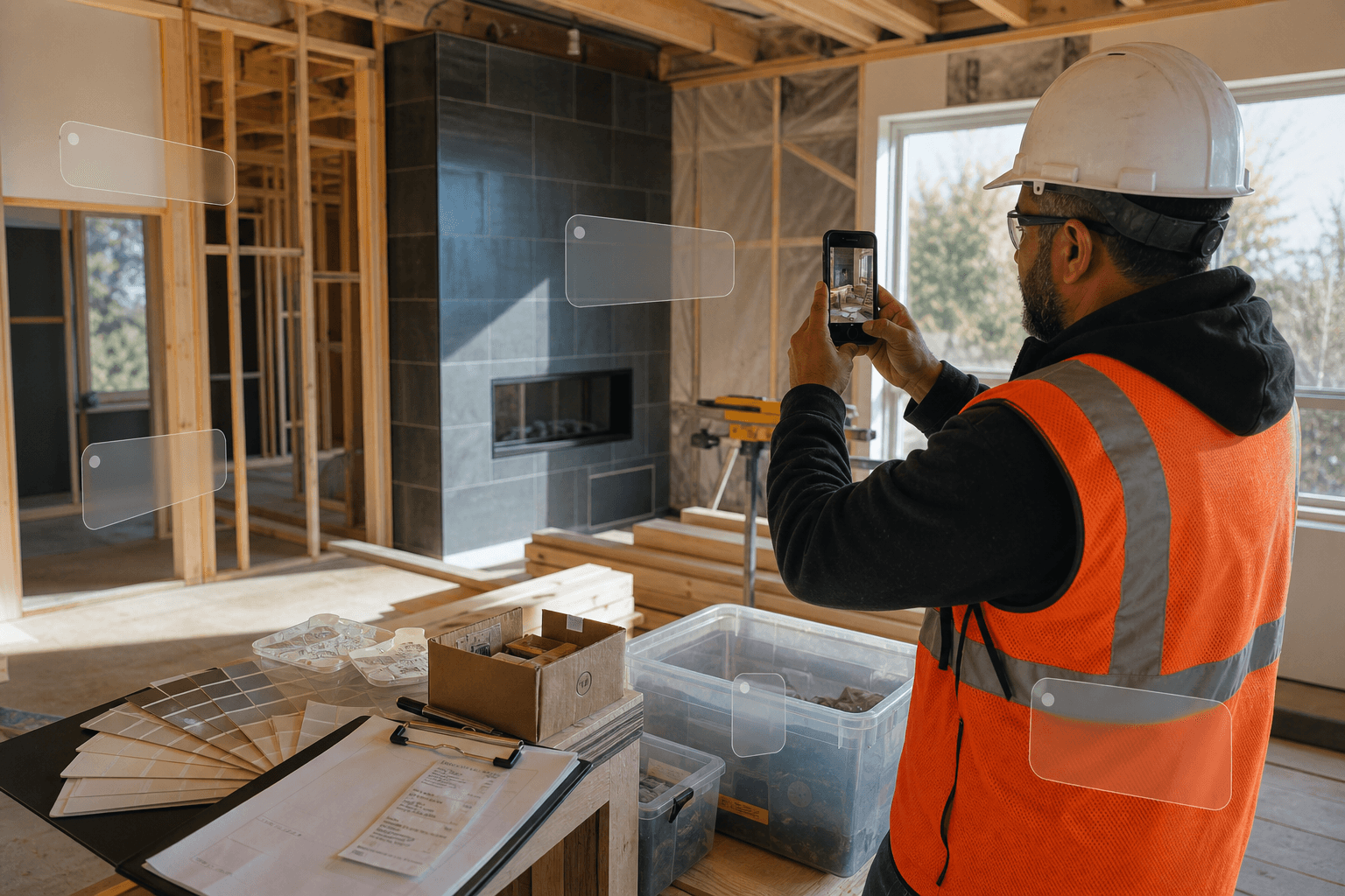 Construction site manager documenting job progress with a smartphone